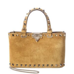 Valentino Rockstud Mini Suede Tote, Beige